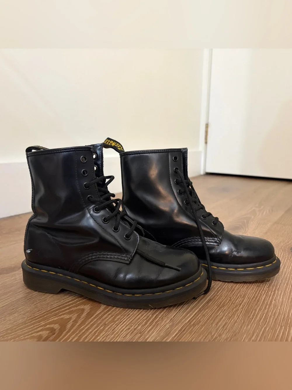 Dr. Martens Black Leather Lace-Up Boots with Yellow Stitching